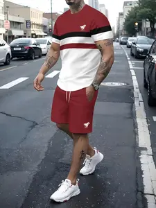 Men's Colorblock Striped Running Horse Pattern Short Sleeve Plaid Shorts Matching Set, Menswear, Casual Summer, 2 Piece Pack
