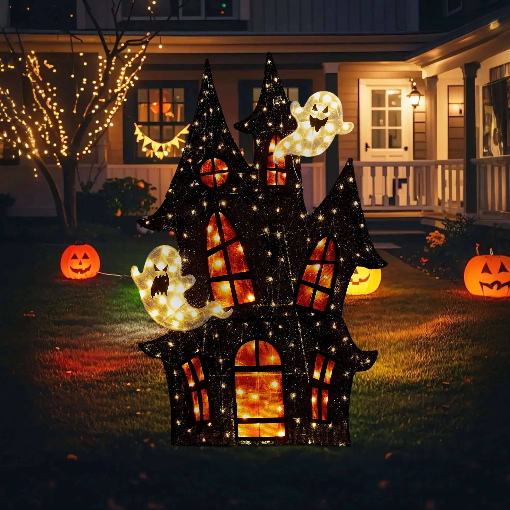 Gitzhome 61.75"H Lighted Halloween 2D Haunted House Outdoor Decor with 210 warm White LED Lights (KD)