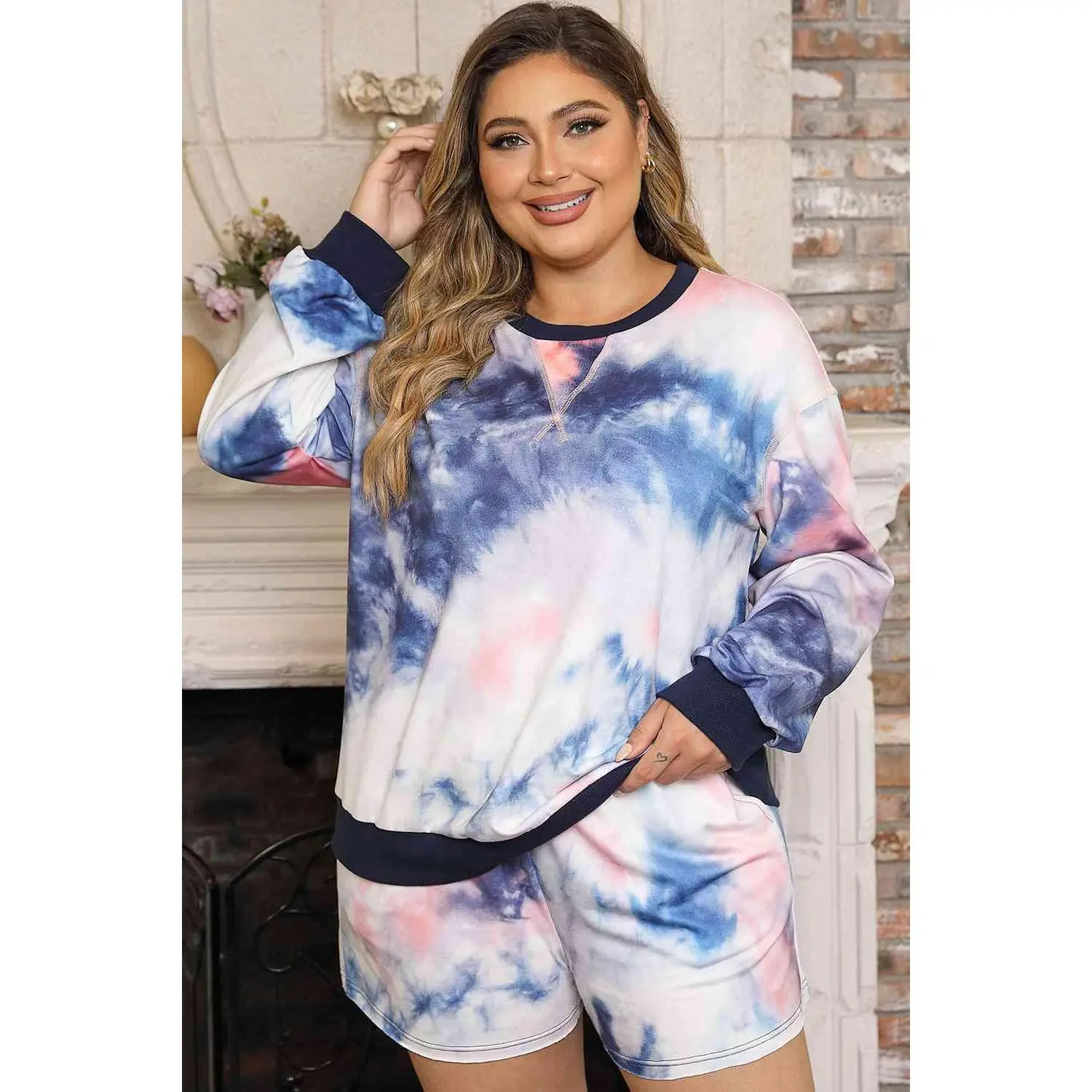 Plus Size Tie-Dye Long Sleeve Top and Shorts Set