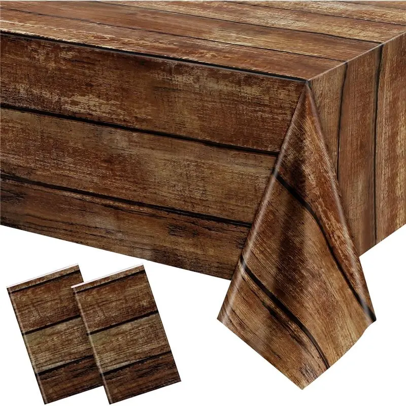 2 Pieces Vintage  Brown Wood Grain Tablecloths Rustic Plastic Table Covers for Rectangle Table