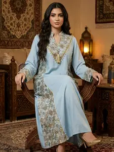 Women's Muslim Long Robe Embroidered Fringe Pendant Patchwork Abaya Dress, High-End Casual Fashion Party Evening Gown, Modest Dress