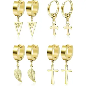 FINREZIO 4 Pcs Golden Stainless Steel Dangle Hoop Earrings for Men Women Hypoallergenic Cross Triangle Feather Drop Earrings Punk Gothic Huggie Earrings Waterproof Piercing Jewelry Set for Cartilage Hip Hop Streetwear Accessory