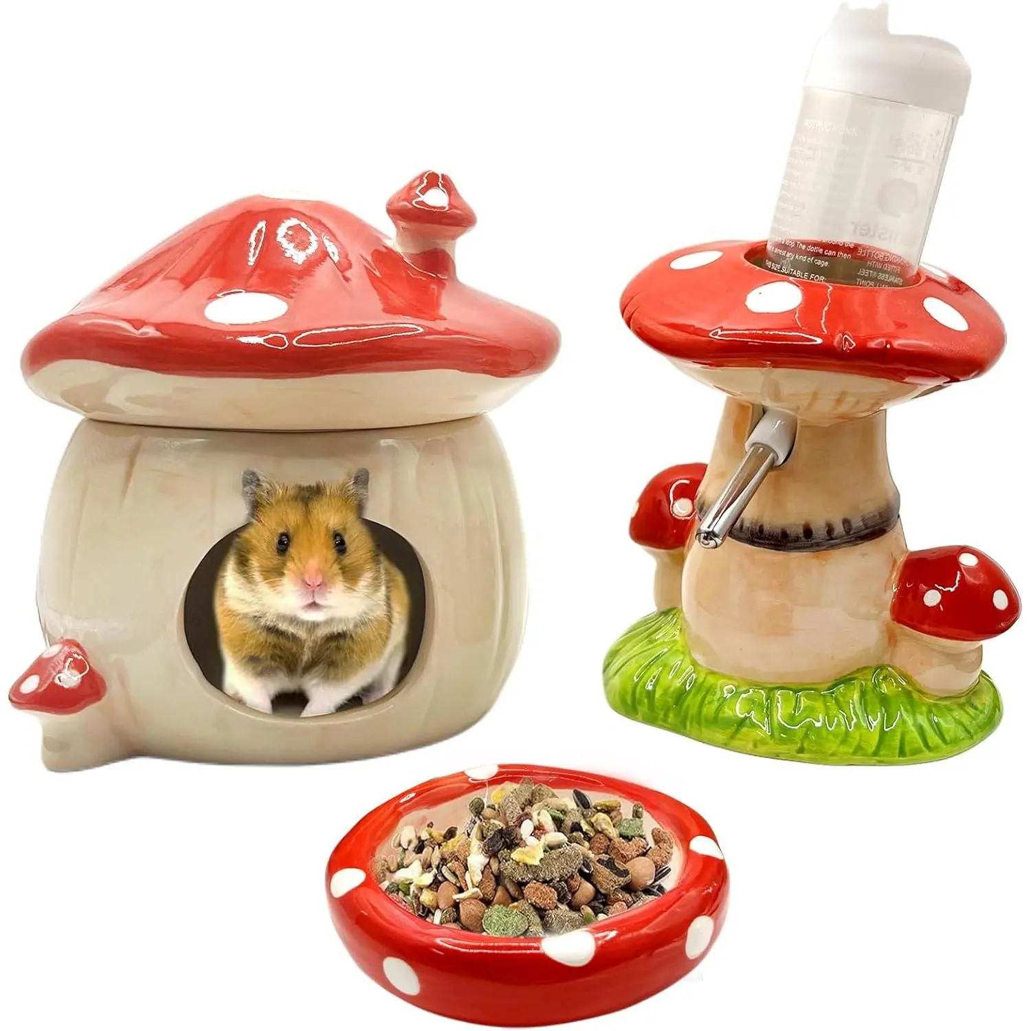 Red Ceramic Hamster Hideout Set - Mushroom-Shaped Ceramic Hideout, Water Bottle with Stand, Food Bowl, Hamster Accessories (Includes Bowl)
