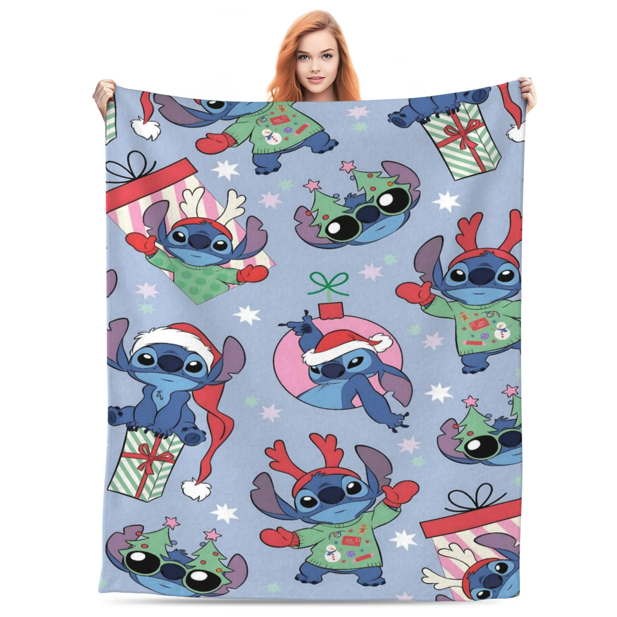 [SummerVibes] DISNEY CLASSIC Lilo & Stitch Christmas Festive Stitch Designs Soft Throw Blanket - Cozy Plush Blanket for Bedroom, Sofa, Holiday Decor & Gift