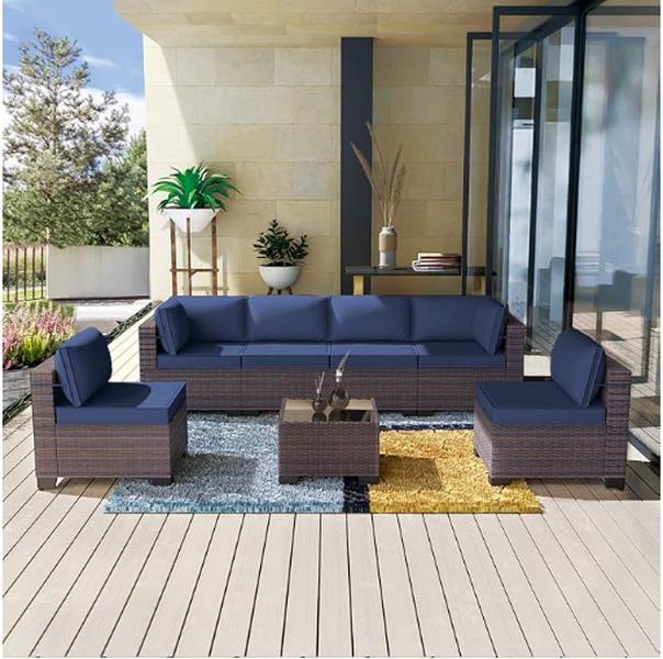 [3 packages delivery]  Kullavik Modern Outdoor Wicker Sofa Set PE Rattan Sectional 7 Pieces Patio Furniture - Brown All-Weather Conversation Set for Porch, Pool Deck, Garden Lounge