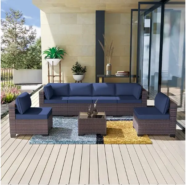 [3 packages delivery] Kullavik Modern Outdoor Wicker Sofa Set PE Rattan Sectional 7 Pieces Patio Furniture - Brown All-Weather Conversation Set for P