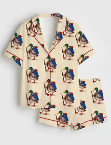 Hiking Duck Pajama Set Women Loose Short Sleeve Shorts Mallard Backpack Adventure Print Comfy Sleepwear Summer Outdoor Camping Girl Lounge Set Gift