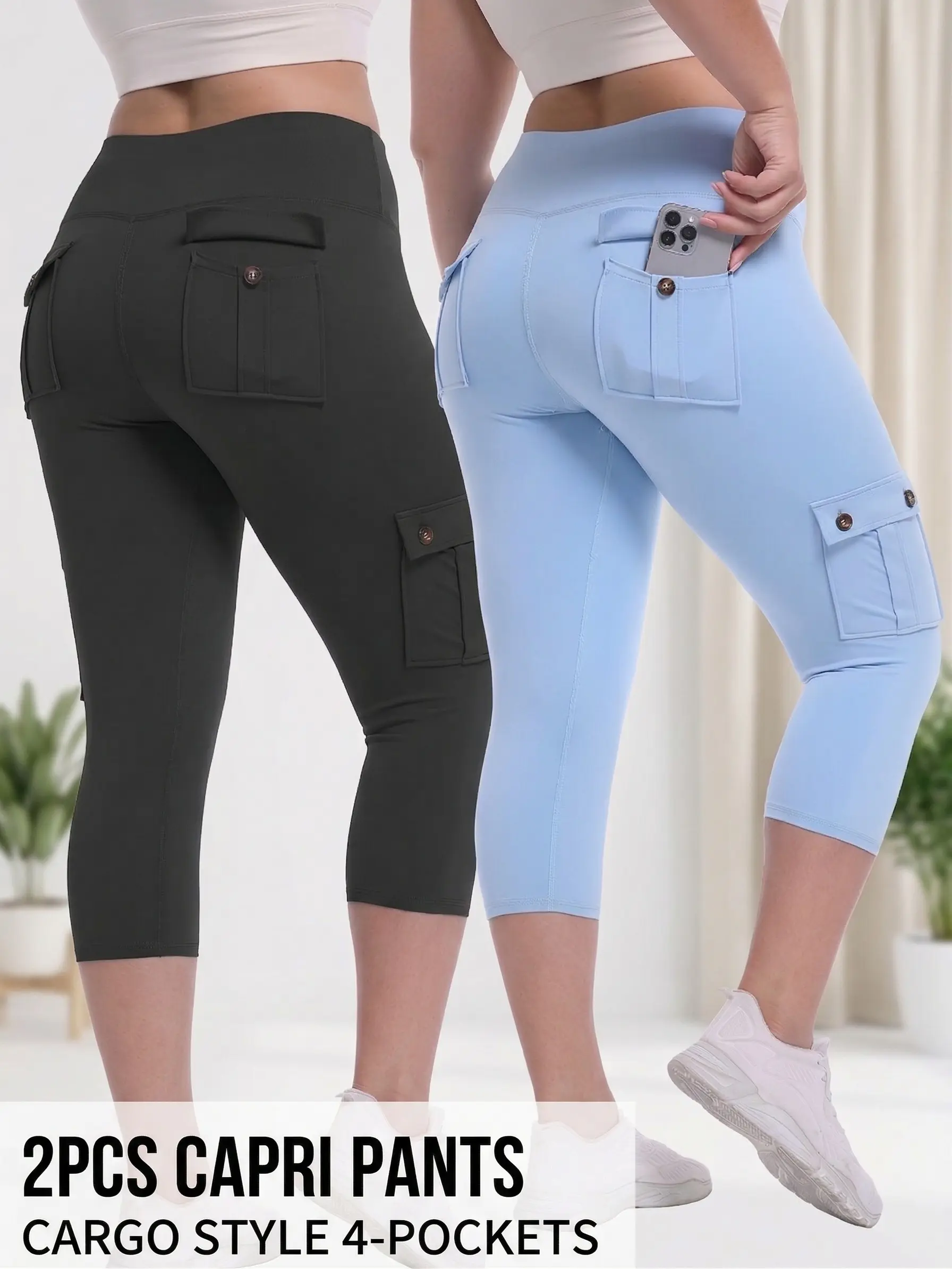 Women's 2-Piece Solid Color Yoga Capri Set - High Waist Booty Lift Stretch Sports Pants, 4-Way Stretch, Tummy Control, 4 Pockets, 25% Elastane, Hand Wash Only, Dry Clean Compatible Workout Activewear