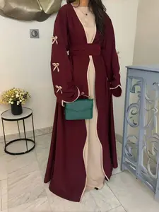 New Spring Fall Middle East Fashion Simple Bow Arab Long Dress, Modest Muslim Outfits, Pure Color Casual Soft Comfortable Coat & Waist Belt, Daily