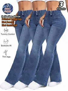 Women's High-Waisted Stretchy Casual Slim Fit  Printed Dedim Trousers, Fake Buttons, no real Pockets, High Waist All-Over Print Jeans, Retro Blue Sporty Style, Elastic Micro Flare Long Pants, imitation denim fabric Fitted
