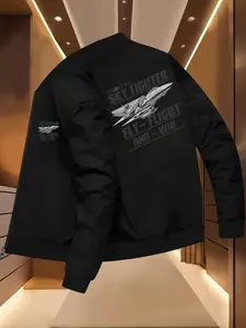 Men's Aviation Theme Fighter Pilot Jacket, Full Zip Flight Style Coat with Pockets, Anti-Wrinkle Winter Outerwear