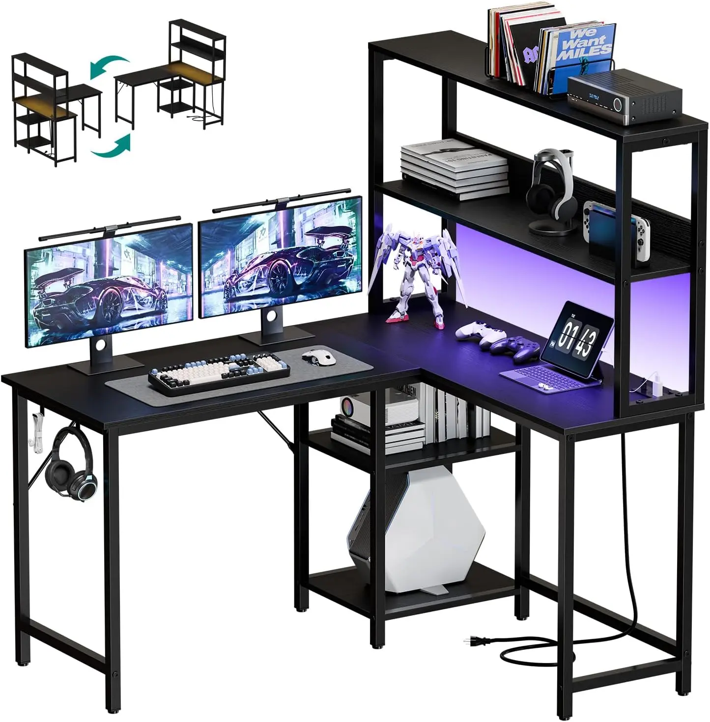 43 in Reversible L Shaped Gaming Desk with LED Lights Power Outlets Adjustable Shelf CPU Stand Home Office Corner Computer Writing Table