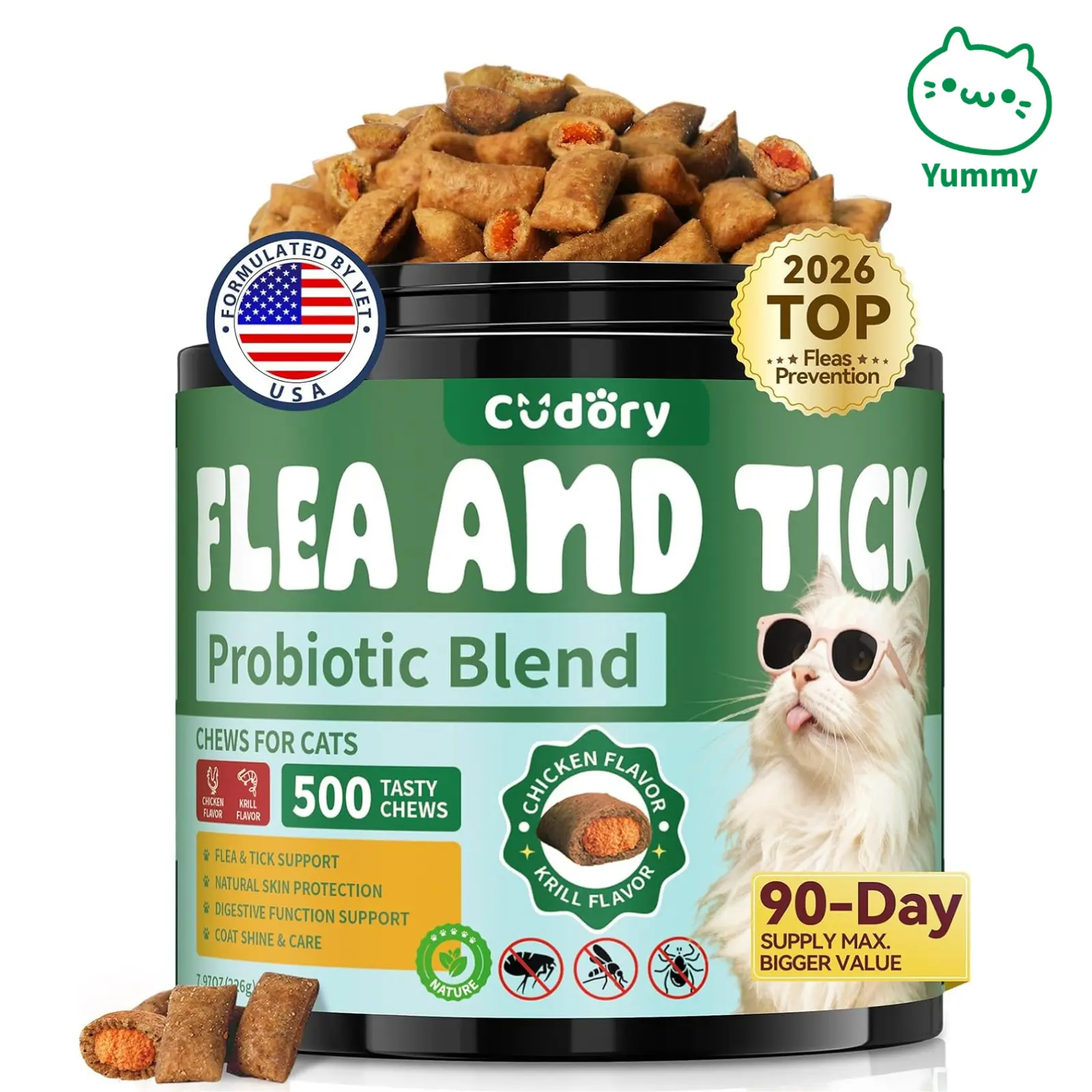 Cudory Cat Flea and Tick Health Supplements - 500 Chicken-Krill Flavor Chewable Snacks with Probiotics, Vitamins, Brewer Yeast, Digestive Aid for Skin & Coat Support