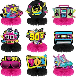 9 Pieces 90's Retro Party Supplies Kit 90's Retro Honeycomb Centerpieces Back to 90s Party Table Centerpieces Table Toppers 90's Vintage Table Decorations for 90s Themed Party Nostalgic Party