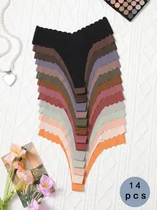 14 Piece Spring New V-Neck Wave Waist Design, Multi-Color Seamless Breathable Soft Smooth Comfort Fit, Low-Waist Elastic Thong Panties for Daily Wear
