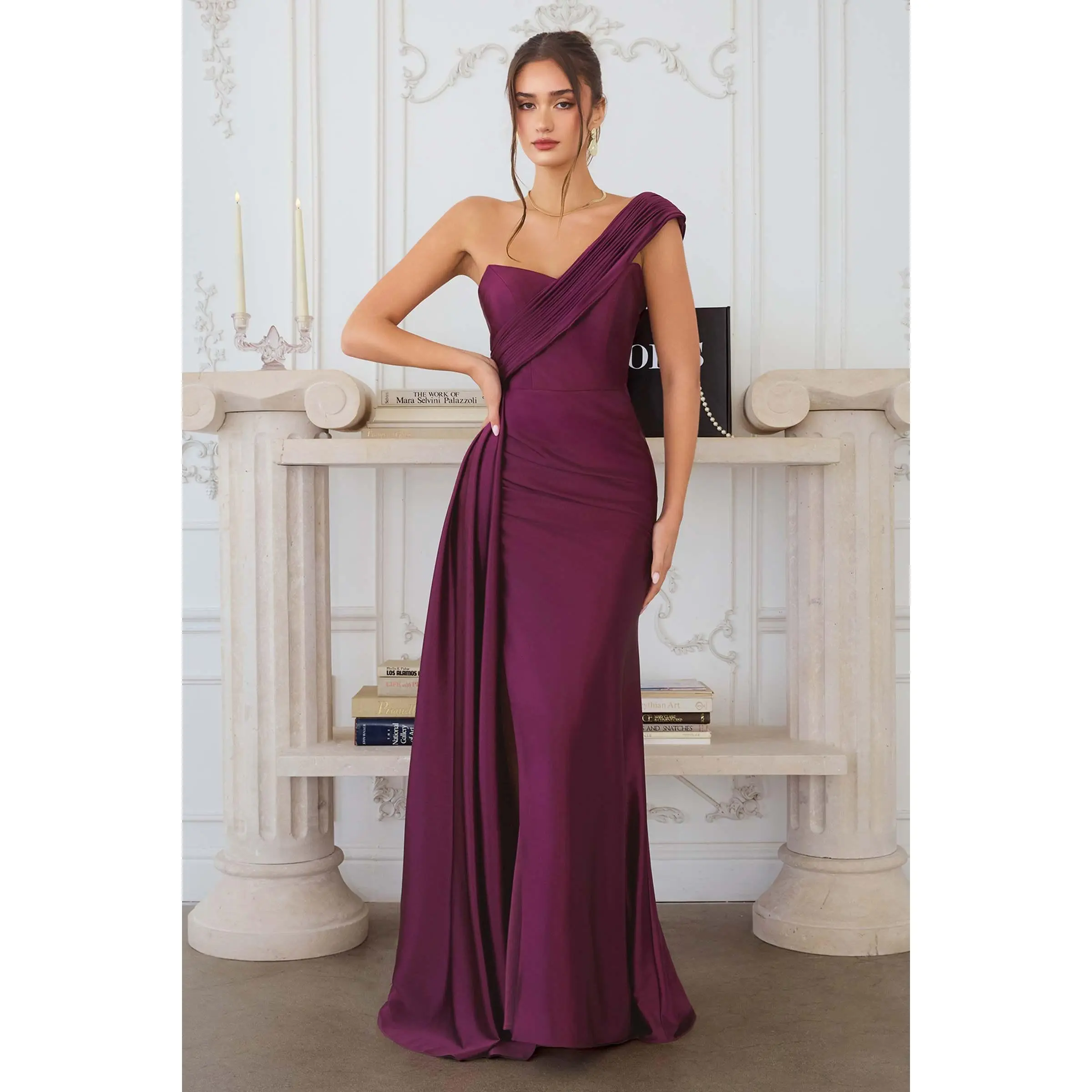 AMORIS Women's Emerald 1-Shoulder Formal Gown - Asymmetrical Sheath with Draped Sash, High Slit & Sweep Train, Strap, Style, Elegance, Evening, Mother Of The Bride, Classic, Zipper, Fit, Peacock, Formal Wear, Elegant, Sleeveless, Side Split, One Shoulder