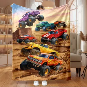 1pc Monster Truck Racing Off-road Adventure Flannel Fluffy Blanket, Super Soft Cozy Warm Lightweight Throw for Sofa, Bed, Office, Car, Travel, Camping, Anti-Pilling Decorative Gift