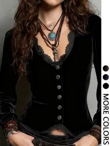 Women's Spring New V-Neck Lace Trim Top, Casual Classy Top, High-Quality Womenswear Fashion Chic Elegance Versatile Fitted Slimming Waist Design, Stylish and Comfortable Ladies' Blouse