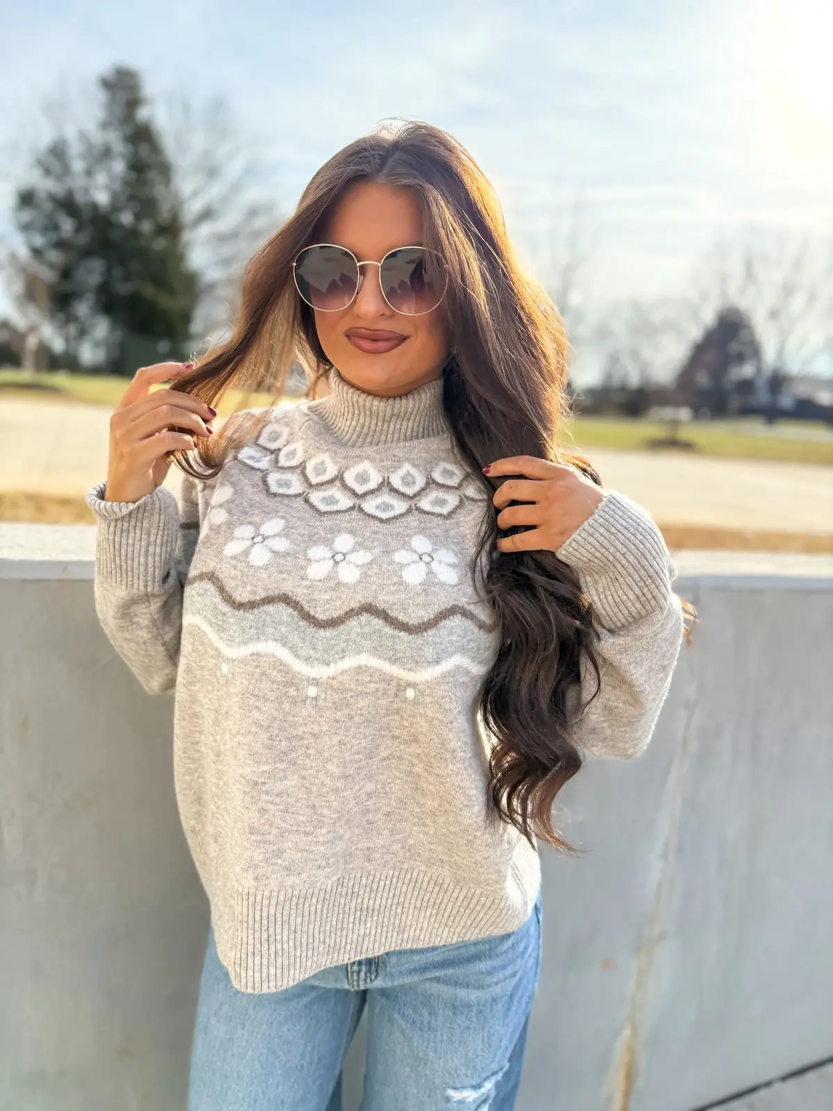 Nordic Mock Neck Sweater Knit Top in Taupe