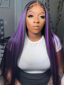 Purple Highlights Lace Front Synthetic Wig, Lace Frontal Wig, Black And Purple Striped Long Straight 13x4 Lace Front Wig, Heat Resistant Fiber For Women (28 Inch)