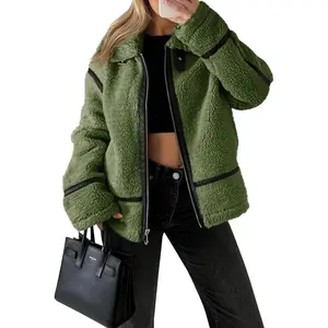 Imily Bela Women's Fashion Vintage Lady Basic Winter Faux Fur Cow Leather Patchwork Coat - Long-Sleeve Fleece Zipper-Up Sherpa Moto Jacket, Fuzzy Warm Outerwear Top