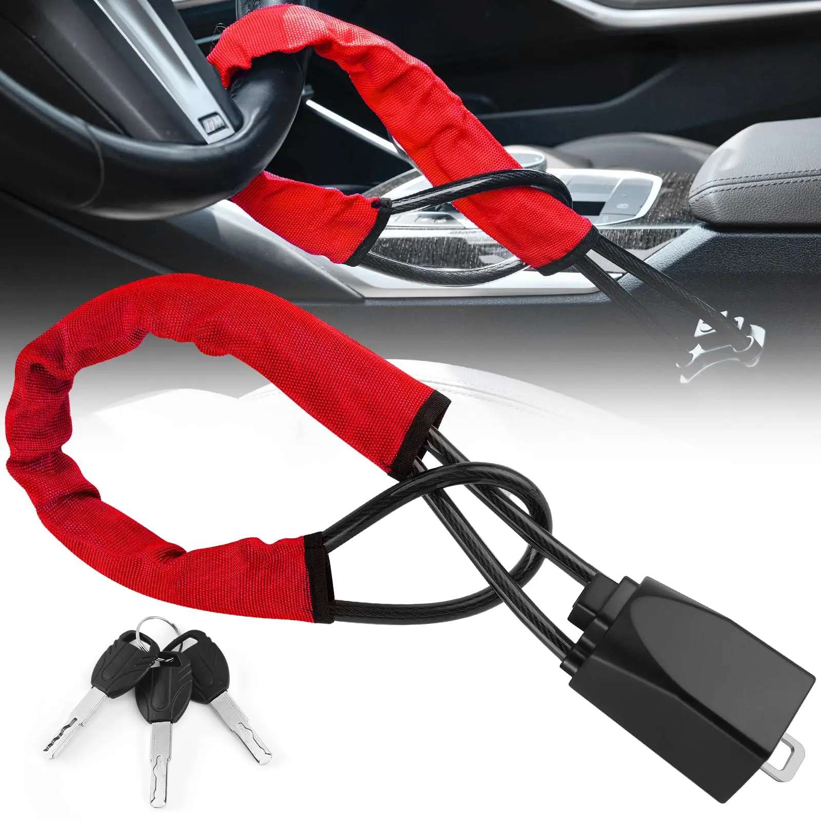 Car Steering Wheel Safety Belt Lock with 3 Keys, Universal Anti-theft Car Steering Wheel Lock, Car Security Lock for Most Vehicles Trucks SUVs