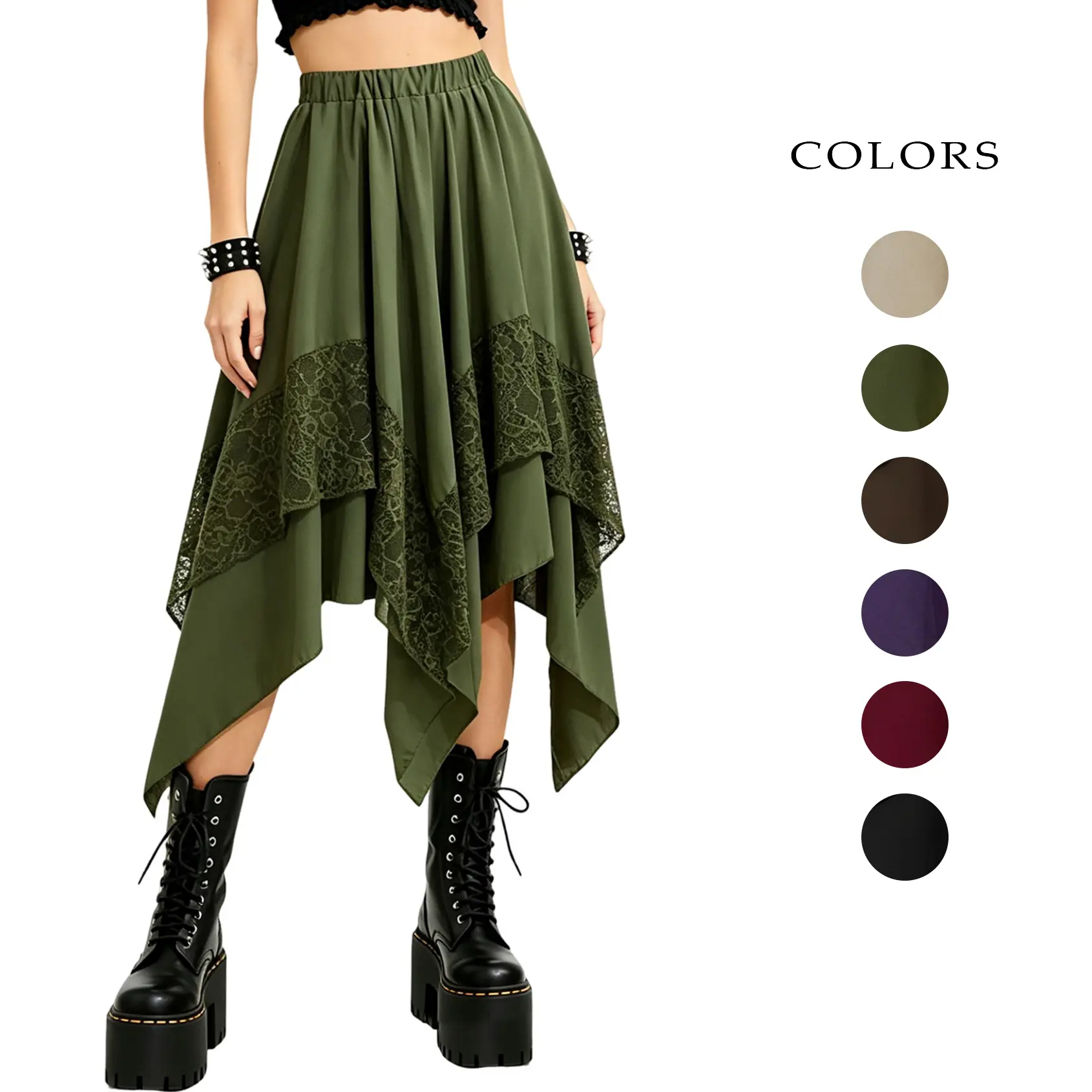 Yimoon Womens Renaissance Skirt Lace Tiered Asymmetrical Flowy Fairy Long Skirt High Waist Gothic Midi Skirts
