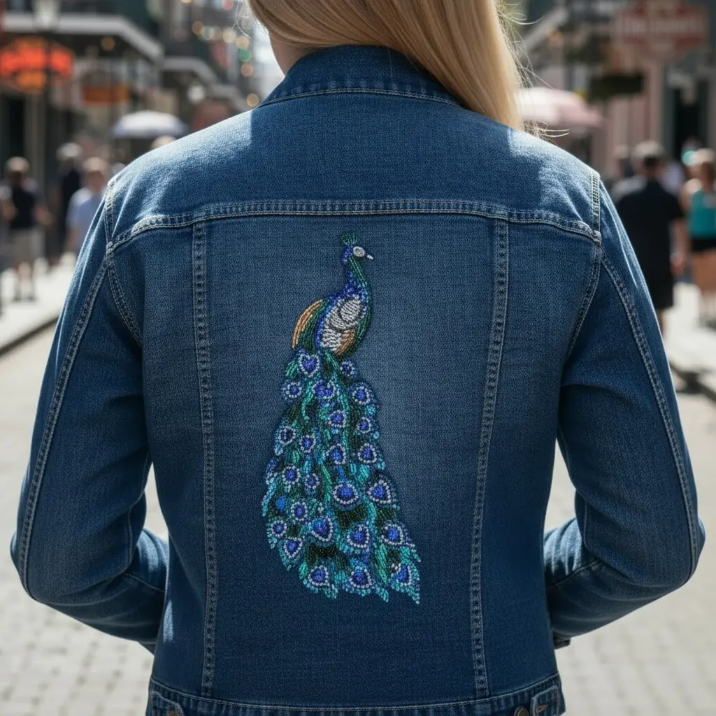 Women's Bhavna Kanakia Peacock Denim Jacket, Tops-Coats for Casual Wear