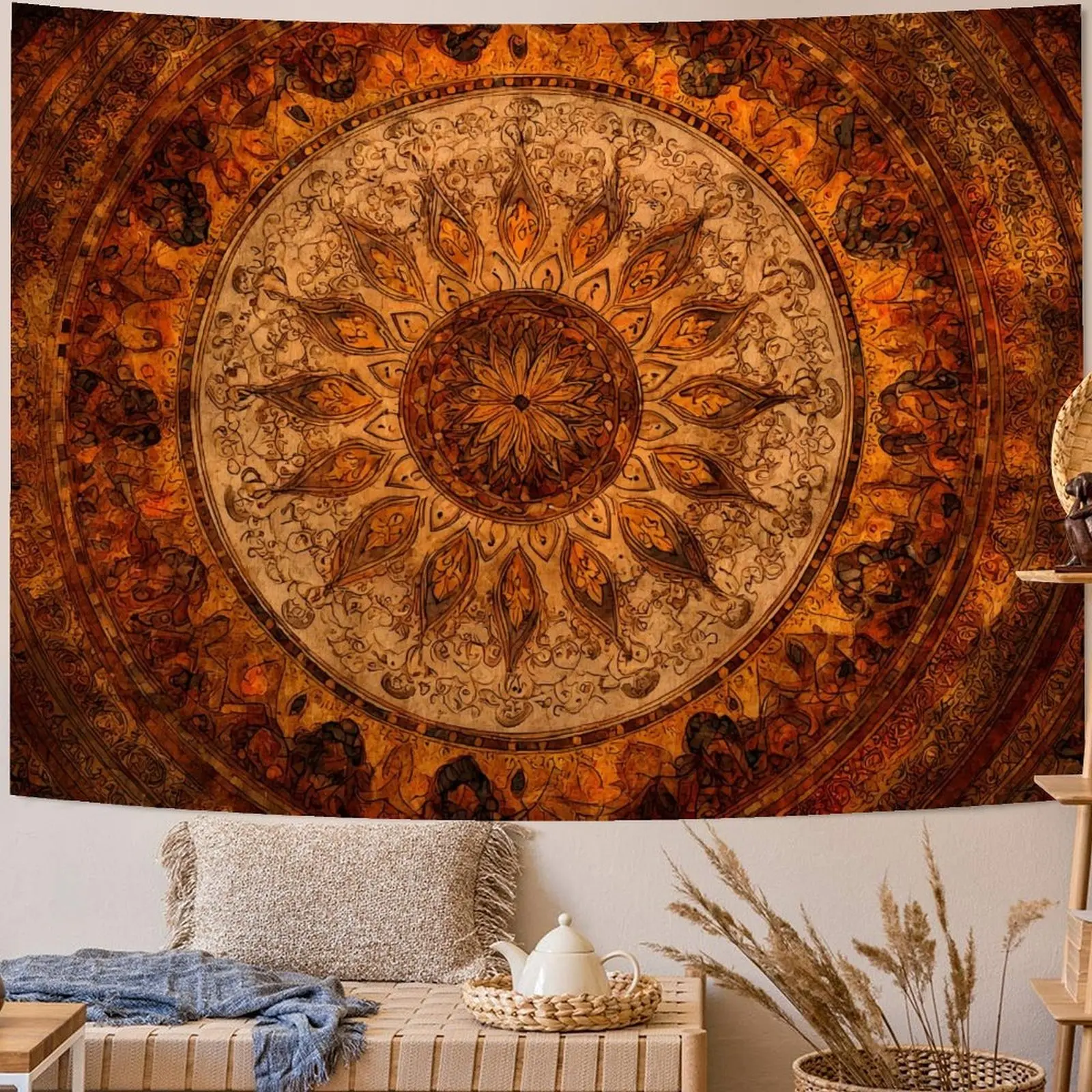 Polyester Vintage Orange-Brown Mandala Tapestry Wall Hanging - Vintage Boho Hippie Floral Medallion Instant Wall Art, Synthetic Bohemian Tapestry Style Decor for Bedroom, Living Room Indoors (All Seasons), Decorative
