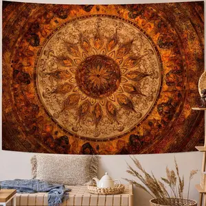 Boho Mandala Tapestry Wall Hanging Aesthetic Vintage Orange Brown Hippie Bohemian Floral Medallion Wall Art for Bedroom Living Room Dorm Apartment Decor