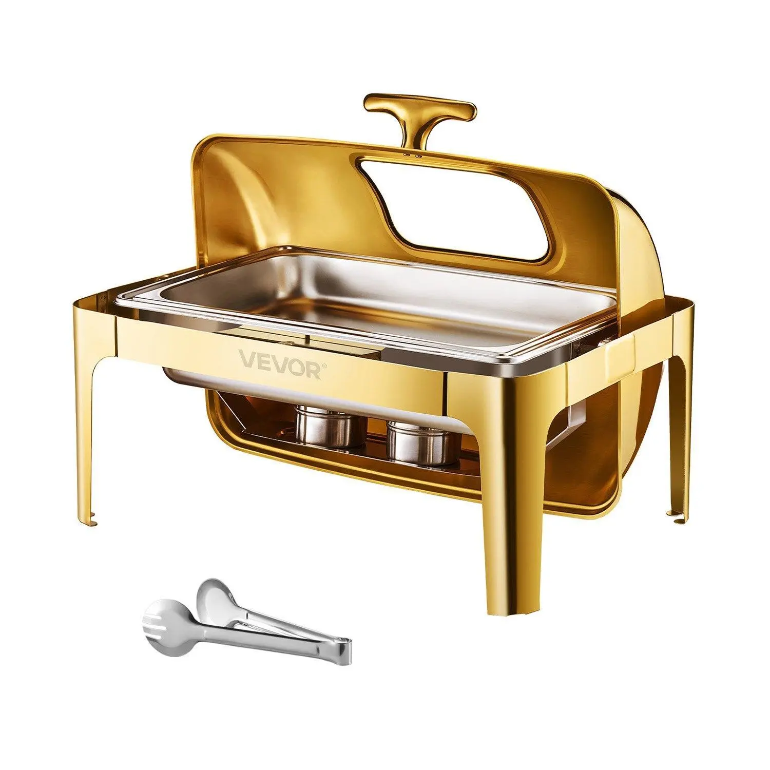 【Summerfinds】VEVOR 9Qt Stylish Stainless Steel Gold Rectangle Roll Top Chafing Dish Set with Full-Size Pan, Ideal for Serving at Weddings, Parties, Buffets, Party, Event