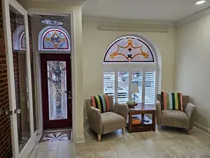 Stained Glass Arched Transom Window - Golden Victorian Ribbons TW-364