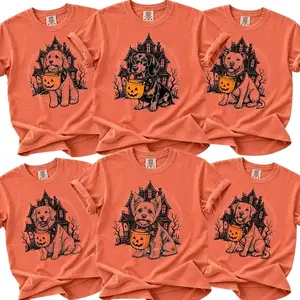 Comfort Colors Custom 50+ Dog Breeds Halloween Candy Bucket T-Shirt, Funny Dog Lover Graphic Tee, Personalized Dog Breed Shirt, Spooky Pet Lover Apparel, Fall Halloween Gift for Dog Moms & Dads, for Women & Men