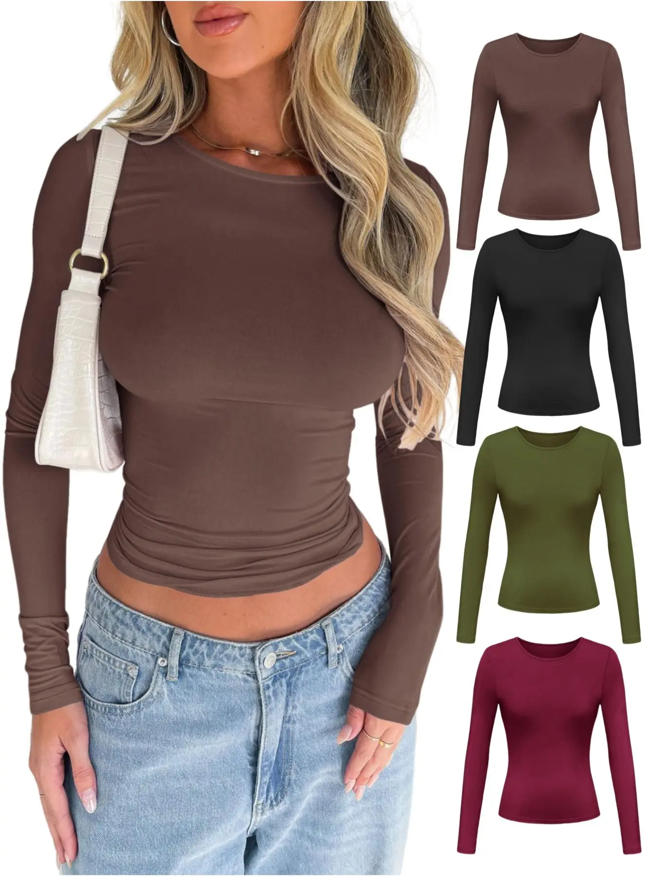 Women's Solid Color Basic Simple Minimalist Long Sleeve Round Neck Tee, Slim-Fitting Casual Crew Neck T-Shirt for Spring & Fall, Fashion Women's Top for Daily Wear