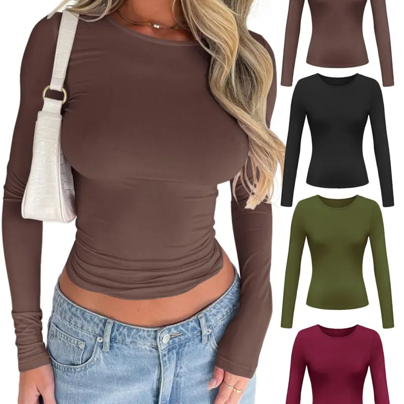 Women's Solid Color Simple Minimalist Long Sleeve Round Neck Tee, Slim-Fitting Casual Crew Neck T-Shirt for Spring & Fall, Fashion Women's Top for Daily Wear Fitted Casual Fashion