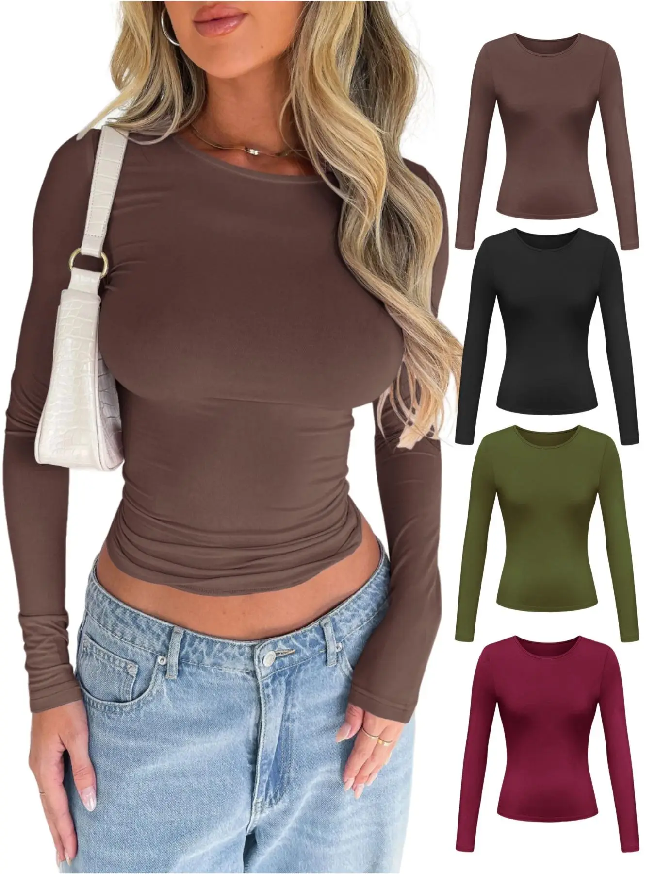 Women's Solid Color Simple Minimalist Long Sleeve Round Neck Tee, Slim-Fitting Casual Crew Neck T-Shirt for Spring & Fall, Fashion Women's Top for Dai