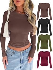 women's solid color simple minimalist long sleeve round neck tee, casual crew neck t-shirt for spring & fall, fashion women's tops for everyday daily wear, downtown girl womenswear, going out tshirt 2000s, clothing, spring tops