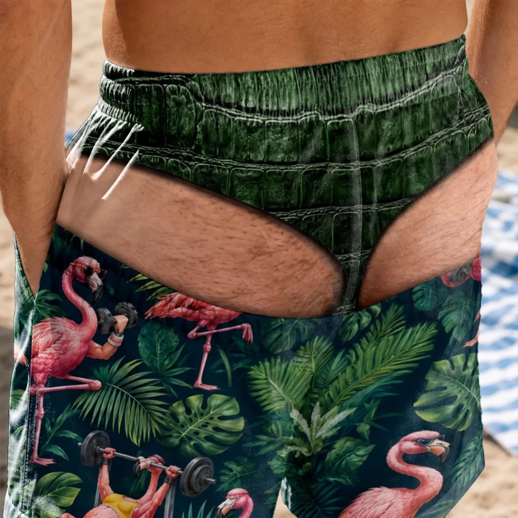Funny Fake Underwear Swim Trunks for Men, Bare Butt Beach Shorts, Bachelor Party Gag Gift