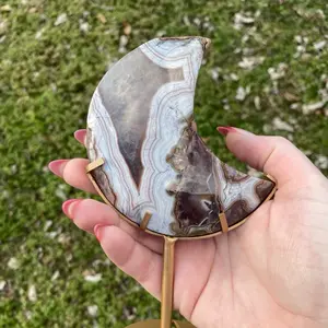 Amethyst Lace Agate Moon with Stand - Unique Decorative Piece for Home or Office