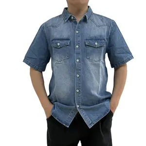 WIRDATRD Menswear Short Sleeve Denim Shirt with Dual Pockets Button-Up Casual Street Style Top All-Season Outfit Holiday Look