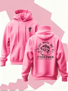 New Men's Hoodie with Fishing Print, Long Sleeve, Soft Stretch Knit Fabric, Standard Fit, Casual Daily Wear, Four-Season Hooded Clothing, Fun Style, Essential for Young Adults