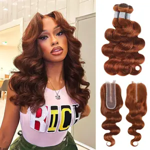 ALHER #33 Reddish Brown 3 Bundles with 2x6/4x4 Lace Closure Body Wave, 12A Brazilian Virgin Remy Human Hair 1/3 Bundles, Copper Brown Wavy Bundles with 13x4 HD Frontal Human Hair(1/3 Bundles,3 Bundles with 2x6/4x4 Closure,3 Bundles with Frontal,Optional）