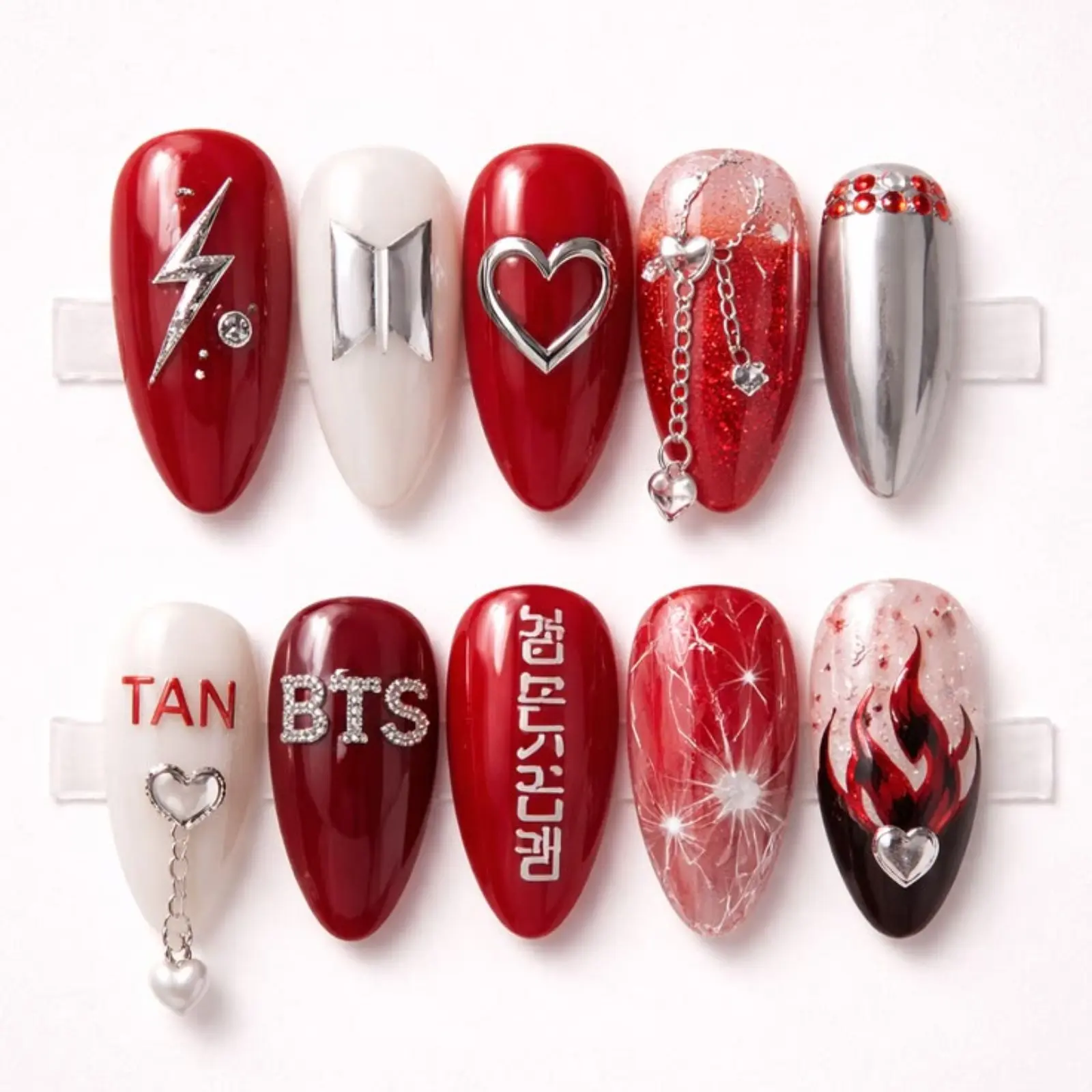 Red Chrome Kpop Concert Nails  | Idol Inspired Press On Nails | Heart Charm Fake Nails | Handmade Luxury Nail Set