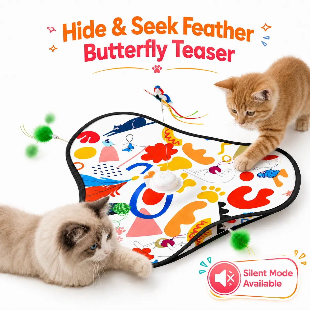 [2026 Upgraded] Hide and Seek Cat Toy with Top Butterfly & Dual Hidden Feathers, Automatic Interactive Cat Toy for Bored Indoor Cats, 3 Play Modes, 4 Sound Settings with Sound Off Mode, Triple Suction Cups, USB Rechargeable