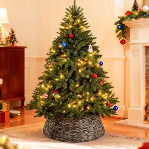 Woven Rattan Tree Collar 24 Inch – Fits 4 to 7 Foot Artificial or Real Trees, Natural Farmhouse Style Base Cover with Cable Hole #HolidayDecor