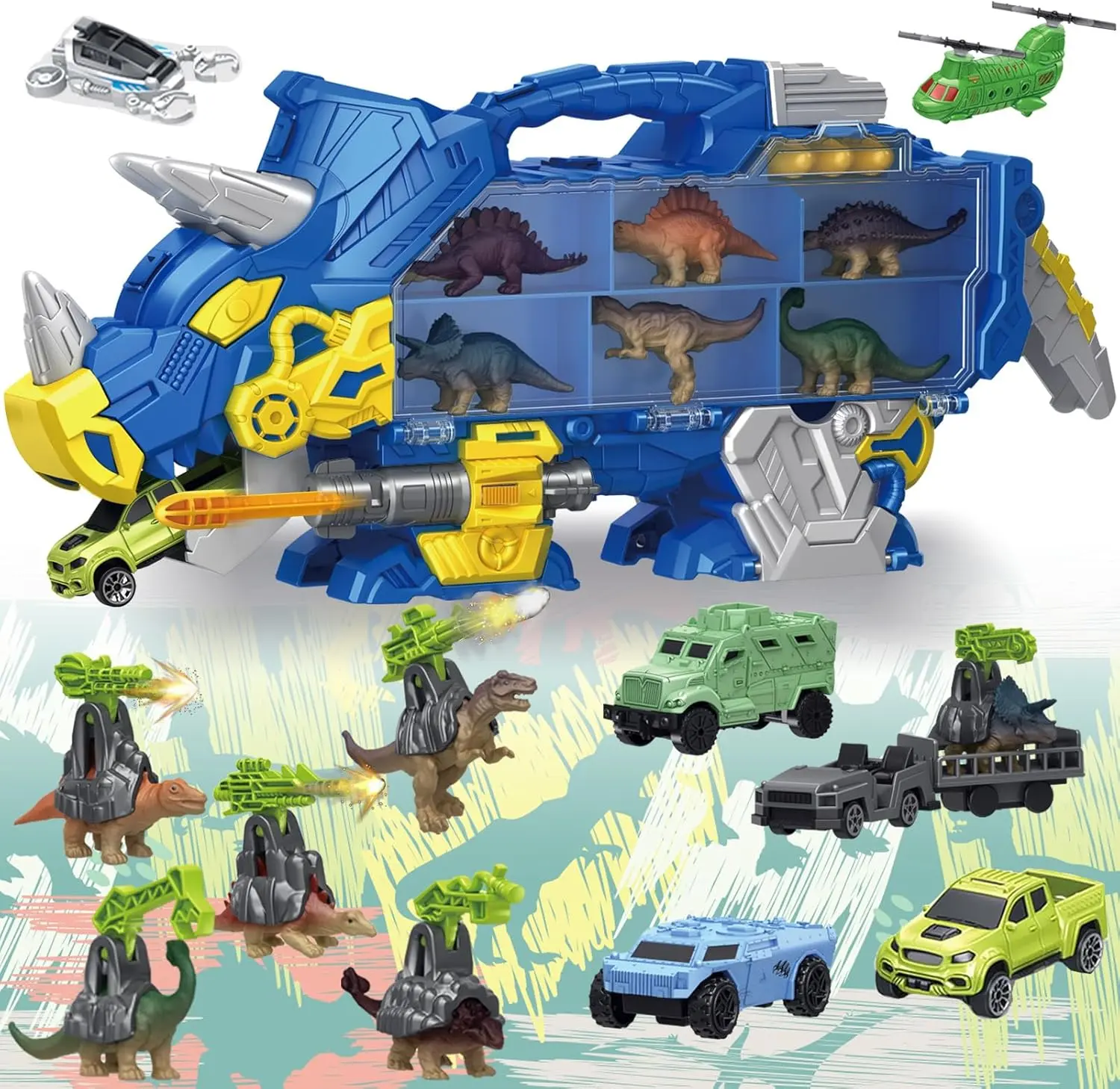 Dinosaur Toys for Kids 3-5, Triceratops Dinosaur Truck with Cars, Birthday Gifts Toys for 3 4 5+ Year Old Boy, Visible Storage, Transport Carrier Truck for Toddlers 3-4 Years, Blue