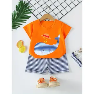 Boys' Casual Summer Outfit - Cute Cartoon Design with Whale & Hot Dog Graphic - Short Sleeve T-Shirt & Whale Shorts Set - Blue & White Striped Pattern - Regular Fit for Casual Attire - Boy Shorts - Everyday Kids Clothing - Playful Kids Fashion -