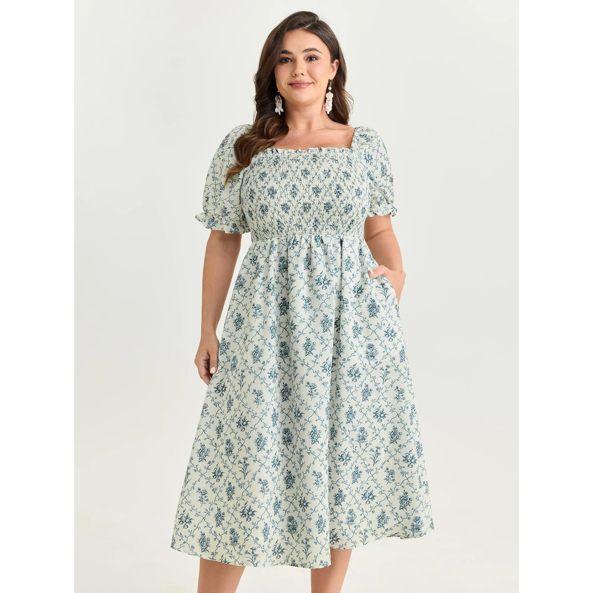 BLOOMCHIC Lady's Plus Size Polyester Garment Casual Short-Sleeve Dress - Smooth Fabric, Romantic Ditsy Floral Print, Shirred Bodice, Pull-On, Flowy Midi, Pocket, Summer Fit, Swimweek Spotlight, Women's Clothes,Summerfinds
