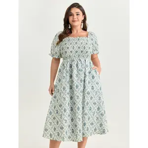 BLOOMCHIC Lady's Plus Size Polyester Garment Casual Short-Sleeve Dress - Smooth Fabric, Romantic Ditsy Floral Print, Shirred Bodice, Pull-On, Flowy Midi, Pocket, Summer Fit, Swimweek Spotlight, Women's Clothes
