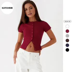 KatchMe Women's Versatile Knit Button-Up Short Sleeve Top, Comfort Solid Color Crewneck Outfit, Casual Minimalist Lady's Knitwear Top for Fall & Winter Tshirt
